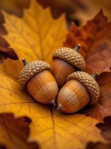 Trio of acorns nestled in fall leaves